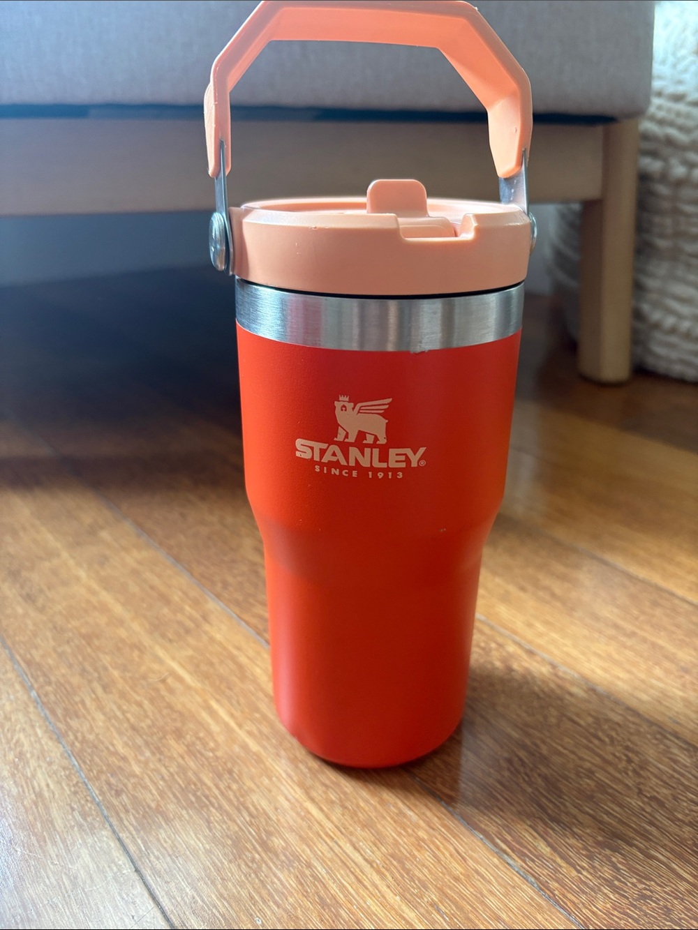 Used Stanley Insulated Travel Tumbler in Bright Orange with Peach Handle 20oz